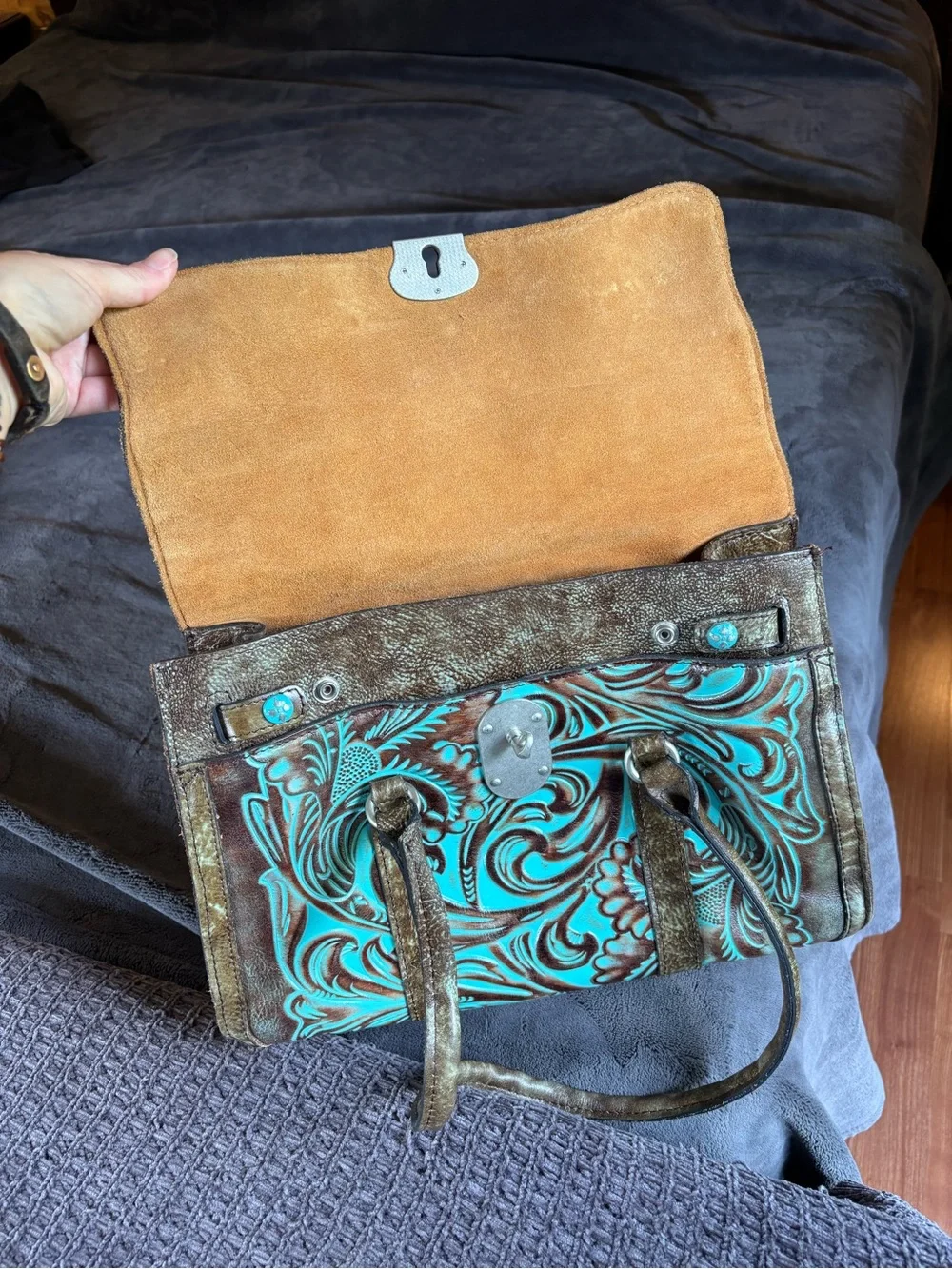 Patricia Nash Italian Leather Vienna Satchel, Tooled Turquoise, Like New Purse